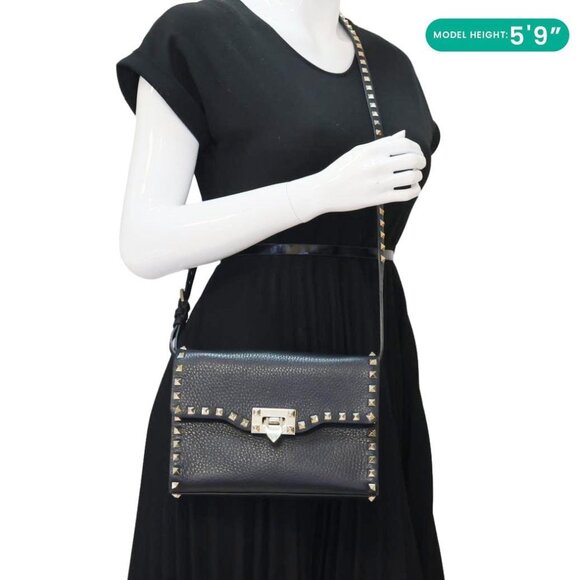 Valentino  Rockstud Flip Lock Small Grained Calfskin Leather Crossbody Bag Black - Picture 2 of 10